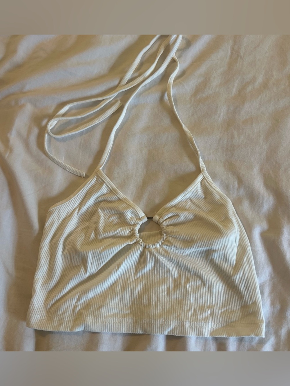 Women’s Cream Ribbed Halter Crop Top with Ring Detail